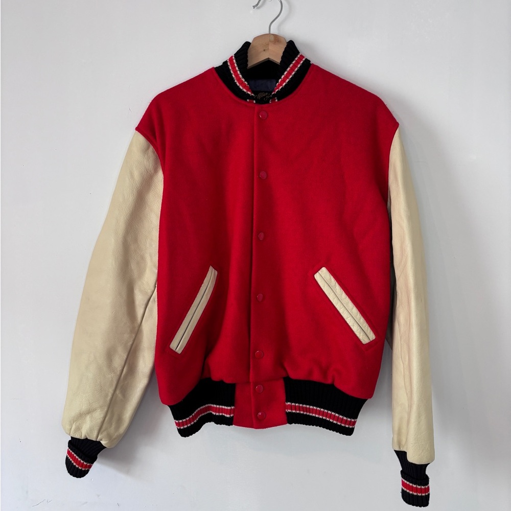 Rare Vintage Albion Varsity Bomber Jacket Red Cream Wool Leather Size 42/L